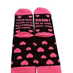 Arsemica Valentines Day funny lucky boyfriend quote black socks with pink hearts